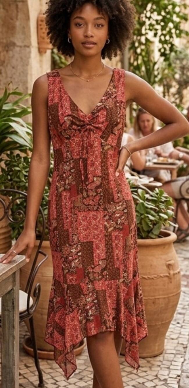 Scarlett Y2K assymetrical hem hanky hem patchwork print midi dress